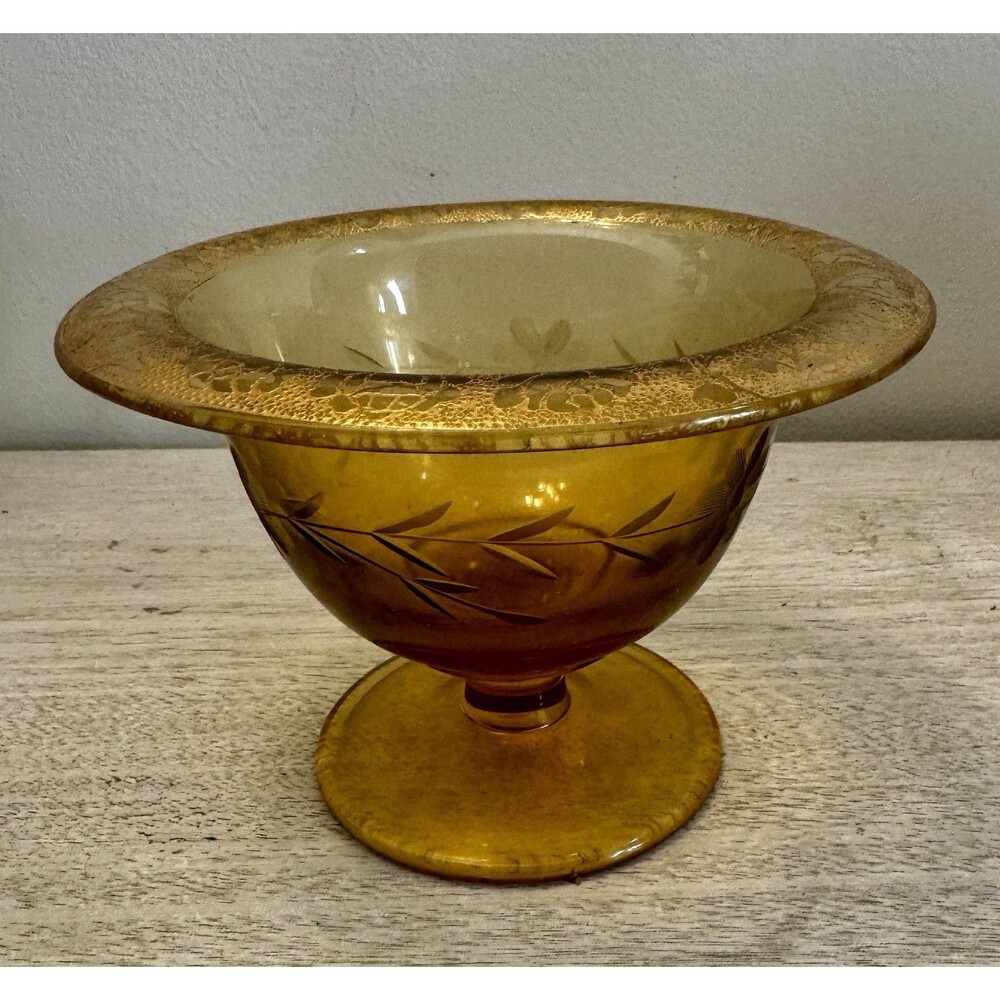 ⁠Vintage Amber Glass Footed Pedestal Bowl Etched Floral Wide Rolled Rim⁠